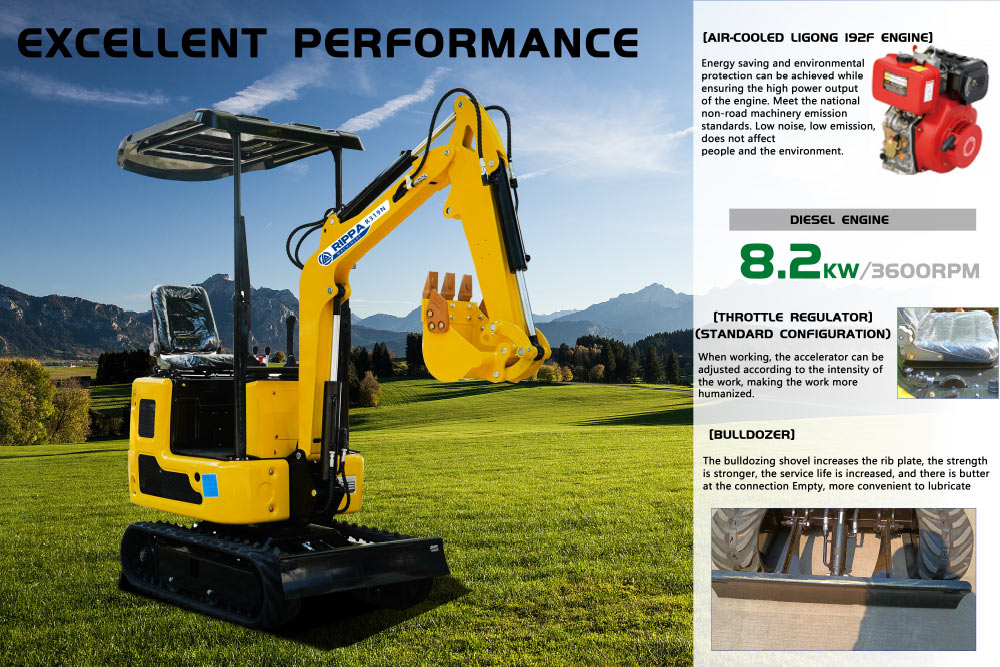 The Ripper R319 small excavator has splendid overall performance and environmental safety features. It is outfitted with a Kubota D722 engine to make sure excessive strength output whilst lowering electricity consumption and emissions, assembly environmental safety standards. In addition, the rear ultra-small turning plan makes operation greater bendy and secure in slender working environments. These elements make the R319 an efficient, environmentally pleasant and easy-to-operate excavator. If you have any different questions or want in addition information, please contact me The Ripper R319 small excavator has splendid overall performance and environmental safety features. It is outfitted with a Kubota D722 engine to make sure excessive strength output whilst lowering electricity consumption and emissions, assembly environmental safety standards. In addition, the rear ultra-small turning plan makes operation greater bendy and secure in slender working environments. These elements make the R319 an efficient, environmentally pleasant and easy-to-operate excavator. If you have any different questions or want in addition information, please contact me